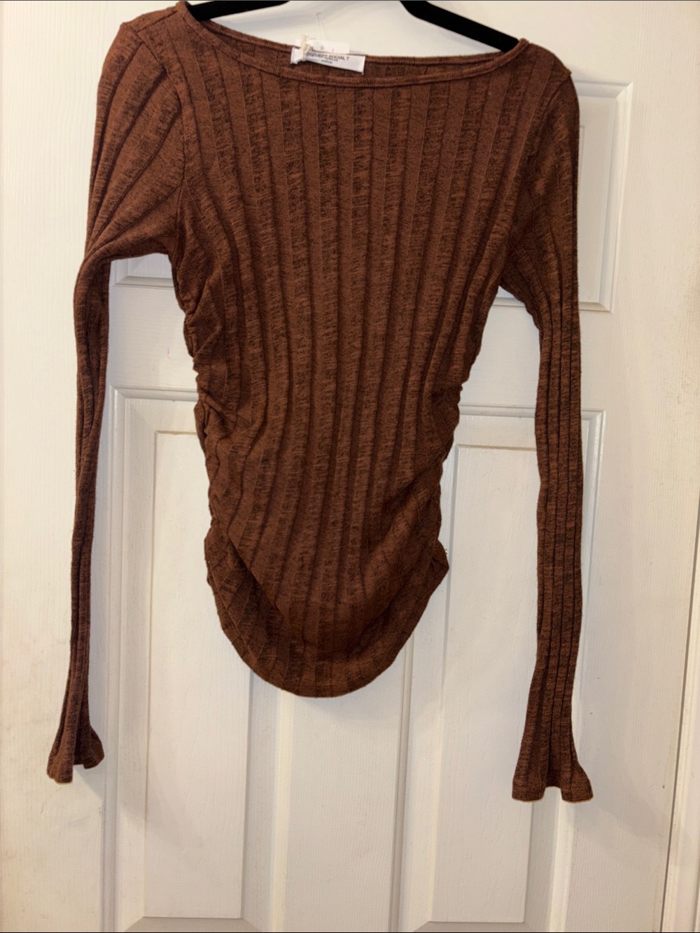 Project Social Ribbed Brown Long-Sleeve Ruched Top Medium NWT